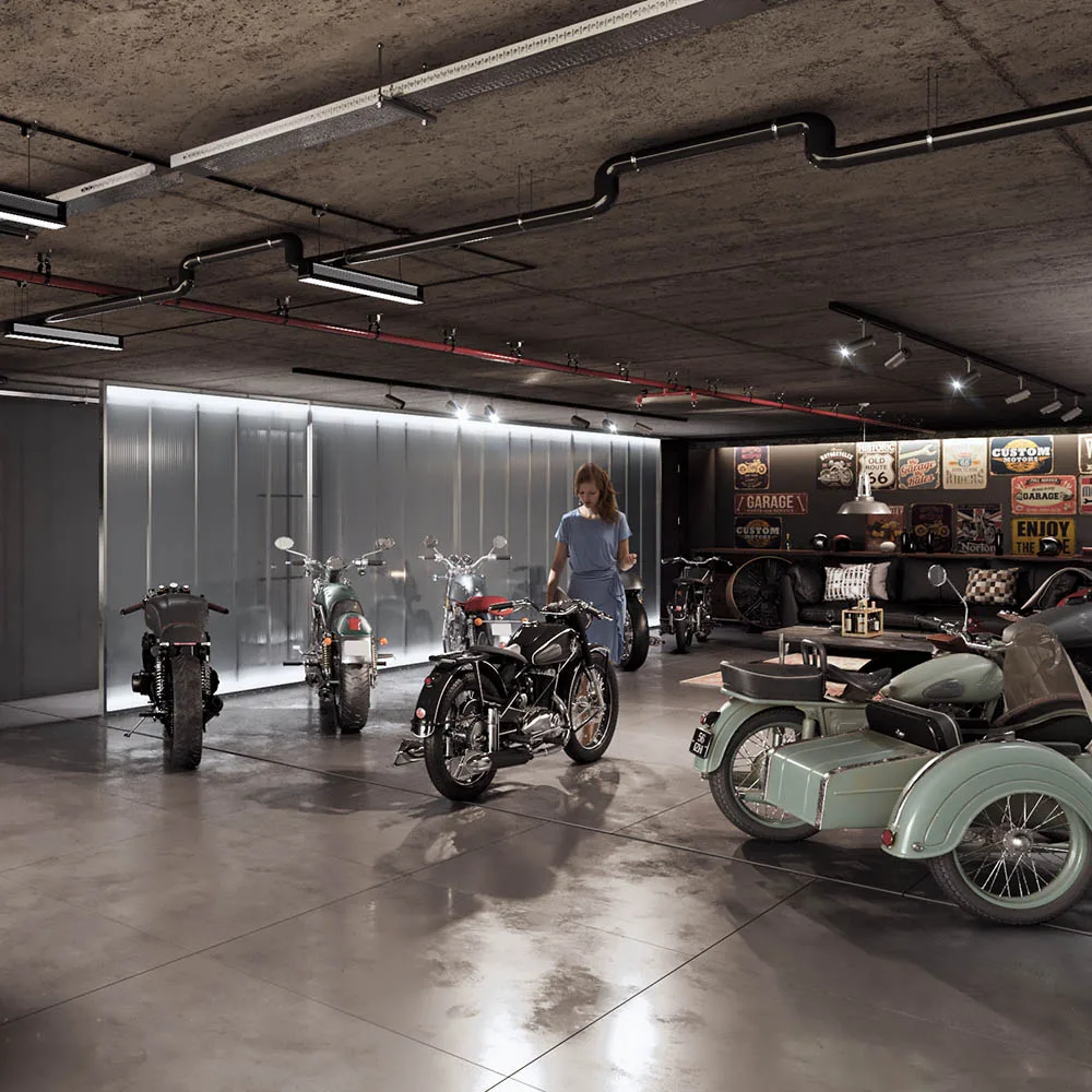 Garage interior render by Imabox
